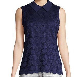 NEW! Karl Lagerfeld Paris Lace Blouse Top W Collar in Navy Blue, Size XS